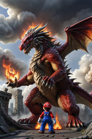 Cinematic UHD photo of (Mario) is facing a (dragon ready to breathe fire). (Mario is standing in center), (The Dragon's mouth is fuming with fire and looking at him), open mouth, 1boy, standing, outdoors, wings, sky, teeth, cloud, glowing, cloudy sky, fire, sharp teeth, building, claws, city, dragon, molten rock. Dramatic lighting, Better character design, detailed surroundings, detailed Dragon, detailed fire, ((masterpiece:1.2)), ((best image)), best quality, 16K UHD, extreme high texture details, TXAA, ((shot in an ultra wide angle lens:1.2)),real_mario,more detail XL
