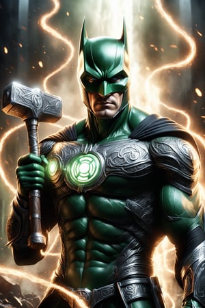 In a striking, cinematic composition, the Green Lantern ring and Mjolnir choosing Batman as their next worthy wielder. In an extreme long shot, we see Batman standing confidently, (his right hand grasping (Mjolnir hammer) with authority). His facial features are rendered in exquisite detail, his eyes burning with a fierce determination. The lighting is dramatic, casting bold shadows across his defined body, highlighting the intricate details of his physique. This is a work of art that demands attention, with every aspect meticulously crafted to create an awe-inspiring image.,more detail XL, detailed face and eyes, detailed hands and fingers, detailed body, detailed background.