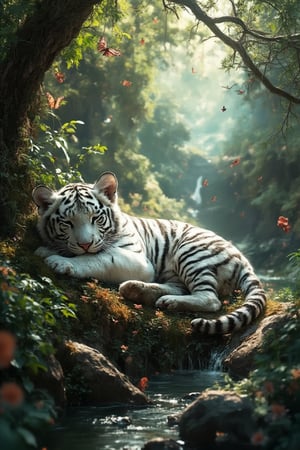 Ultra HD illustration of a Fluffy white tiger cub sleeping in magical forest, beautiful trees and shrubs, river side, glowing butterflies, Masterpiece, best image, best quality, ultra wide angle shot, 16K UHD.