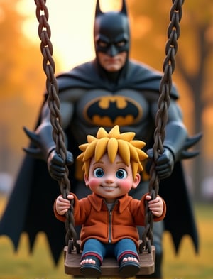 Detailed characters, hyper detailed, (ultra high detailed), ((best image)), ((best quality)), ((masterpiece:1.2)), 16K UHD, ultra High clarity, absurd resolution. 1boy, 1girl, 3D cartoon of 'The Batman' and 'Naruto'. Young Naruto is playing in a swing and Batman is pushing the swing from standing behind. Park location, evening, smile. ((detailed body)), ((detailed face and eyes)), intricate details, ((best Quality)), perfect body, perfect fingers, ((detailed hands and fingers)). Octane render, unreal engine, ray tracing.