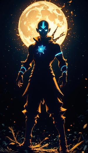 A majestic silhouette of Aang stands atop a pole, bathed in the radiant glow of the Full Moon against a stark black background. In Avatar mode, Aang's action pose exudes strength and focus, his bald head glistening with a subtle sheen. His piercing blue eyes glow like lanterns, while intricate arrow tattoos adorn his forehead and forearms. The hyper-detailed body captures every nuance of muscle and texture, as if frozen in time. This cinematic masterpiece radiates an otherworldly intensity, inviting the viewer to step into its 16K UHD realm.