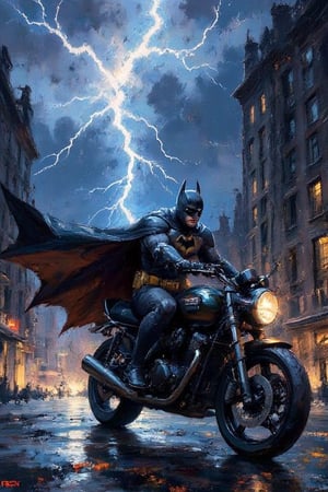 Anime inspired ((oil painting)) of the Batman riding on his bike, action pose, background lightning strike, taller man, buildings, epic dark fantasy, painting, mythical details, intricate details, clear detailed information without any noise. Masterpiece, best image, best quality, 8K UHD. Ultra wide angle shot.