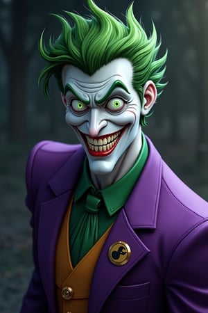 Portrait of The Joker, purple suit, green hair, pale white skin, (glowing green pupils), creep smile, teeths, realistic cartoon, DCAU Style, dark lighting, deep contrast, made of AMOLED, hyper detailed, 16K UHD, ultra high resolution, unreal engine.