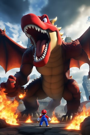 Cinematic UHD photo of (Mario) is facing a (dragon ready to breathe fire). (Mario is standing in center), (The Dragon's mouth is fuming with fire and looking at him), open mouth, 1boy, standing, outdoors, wings, sky, teeth, cloud, glowing, cloudy sky, fire, sharp teeth, building, claws, city, dragon, molten rock. Dramatic lighting, Better character design, detailed surroundings, detailed Dragon, detailed fire, ((masterpiece:1.2)), ((best image)), best quality, 16K UHD, extreme high texture details, TXAA, ((shot in an ultra wide angle lens:1.2)),real_mario,more detail XL
