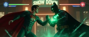 Captured from a low-angle perspective on a video game screen, Batman and Superman are engaged in a battle. The Batman, with Green glowing Bat symbol on his chest, his cape flows backwards in air, standing on right side, is holding a green kryptonite gauntlet in his right hand. On left side Superman with glowing red pupils, ready to use Heat vision, hovering in mid-air, and his left arm is raised in the air. Cinematic scene. The scene is set in Gotham City, infront of theatre entrance as background, the theatre is titled with 'SHOW DOWN'. Health bars on top sides with their symbols on respective sides. Detailed character design, perfect body, detailed face and eyes, detailed hands and fingers, best image, best quality, masterpiece, 16K UHD. fighting arena sideview. Ultra wide angle image.