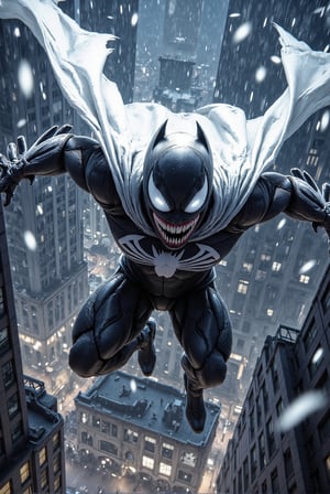 score_9, score_8_up, score_7_up, 1boy, Image of the Batman as the (Anti-Venom) from Marvel comics, cape spread drifts in wind, diving from a skyscraper, ((white costume)), Gotham City. Cinematic scene, night time, Intricate details, full body image, anime, ((detailed face and eyes)), best quality, best image, masterpiece, 16K UHD.