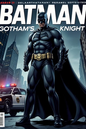 Magazine cover art titled as "GOTHAM's KNIGHT", dedicated for the Batman, standing, action pose, police car in background, hyper detailed, ((best image)), ((best quality)), ((masterpiece:1.2)), 8K UHD