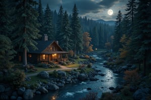 Cabin in woods, nearby a river, water flow, full moon, clear detailed reflections, Unrealistic details, bulidings, cinematic scene, dramatic lights, night setting, isometric view, hyper detailed, ((best image)), ((best quality)), ((masterpiece:1.2)), 8K UHD