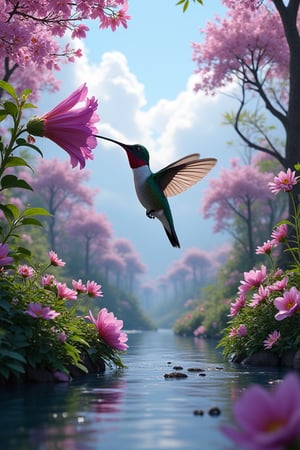 Photo realistic image of a (humming bird) drinking honey from a long tubular purple flower, in a magical forest, flowers, beautiful trees and shrubs, river side, blue sky, clouds, Masterpiece, best image, best quality, ultra wide angle shot, 16K UHD. Realistic, surreal. unreal engine 5, Nvidia Ray tracing.