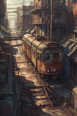 A cinematic masterpiece unfolds: A miniature painting of a retro tram, rusting away in an abandoned, dystopian landscape, bathed in the stark light of a midday sun. Every detail is meticulously rendered, from the intricate graffiti to the cracked, worn-out seats. The composition is a tilt-shift photo work marvel, with the tram's rusty body at the center, surrounded by an absurd-resolution world of crumbling buildings and twisted metal. Ultra high resolution and best quality ensure that every pixel is a testament to artistic mastery.