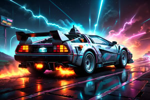 ultra High quality photo of McLaren 1980's, retro futuristic, from ((back to the future)) movie style. lighting stroke, night sky, best art, best image, artistic, 16K resolution, masterpiece. ((extreme long shot view))