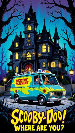 In a eerie midnight setting, the Mystery Machine is parked ominously in front of a foreboding haunted mansion. The building's facade features jagged turrets, crooked chimneys, and crumbling stone walls, all bathed in an unsettling yellow-orange glow from lanterns that seem to flicker with malevolent intent. High-resolution details reveal every nook and cranny, as if the very bricks are alive with dark energy. In the foreground, the Mystery Machine Van's psychedelic paint job seems out of place amidst the sinister surroundings, while the night air is heavy with an aura of foreboding. ((Detailed face and eyes)), ((detailed body)). ((Without driver, No driver, non-person))
With text at bottom "Scooby Doo Where are You" in (freaky text) style. (Detailed texts), correct texts.