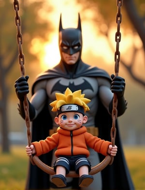 Detailed characters, hyper detailed, (ultra high detailed), ((best image)), ((best quality)), ((masterpiece:1.2)), 16K UHD, ultra High clarity, absurd resolution. 1boy, 1girl, 3D cartoon of 'The Batman' and 'Naruto'. Young Naruto is playing in a swing and Batman is pushing the swing from standing behind. Park location, evening, smile. ((detailed body)), ((detailed face and eyes)), intricate details, ((best Quality)), perfect body, perfect fingers, ((detailed hands and fingers)). Octane render, unreal engine, ray tracing.