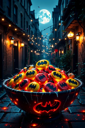 In a dark and mysterious alleyway, lit by a full moon and string lights, a majestic bowl of Batman's symbol candies takes center stage, its vibrant red and yellow hues glowing like a beacon. The hyper-detailed texture of the candies appears almost lifelike, as if plucked straight from a candy store. The festive atmosphere is palpable, with cobwebs and spider decorations adorning the surroundings, evoking a spooky yet playful Halloween vibe. A stunning ultra-wide angle shot captures every detail in breathtaking 16K UHD clarity, as if you're right there amidst the sweet treats.