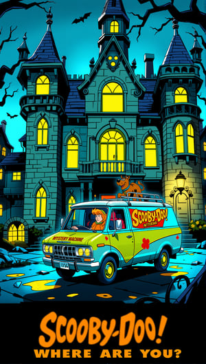 In a eerie midnight setting, the Mystery Machine is parked ominously in front of a foreboding haunted mansion. The building's facade features jagged turrets, crooked chimneys, and crumbling stone walls, all bathed in an unsettling yellow-orange glow from lanterns that seem to flicker with malevolent intent. High-resolution details reveal every nook and cranny, as if the very bricks are alive with dark energy. In the foreground, the Mystery Machine Van's psychedelic paint job seems out of place amidst the sinister surroundings, while the night air is heavy with an aura of foreboding. 
With text at bottom "Scooby Doo Where are You" in (freaky text) style. (Detailed texts), correct texts.