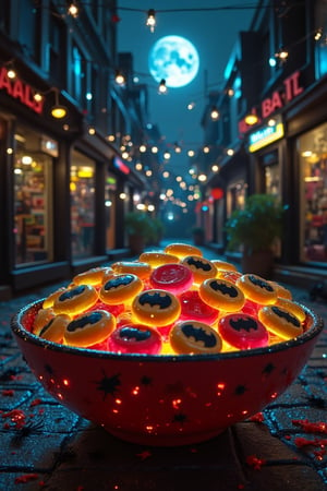 In a dark and mysterious alleyway, lit by a full moon and string lights, a majestic bowl of Batman's symbol candies takes center stage, its vibrant red and yellow hues glowing like a beacon. The hyper-detailed texture of the candies appears almost lifelike, as if plucked straight from a candy store. The festive atmosphere is palpable, with cobwebs and spider decorations adorning the surroundings, evoking a spooky yet playful Halloween vibe. A stunning ultra-wide angle shot captures every detail in breathtaking 16K UHD clarity, as if you're right there amidst the sweet treats.