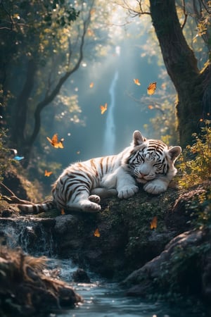 Ultra HD illustration of a Fluffy white tiger cub sleeping in magical forest, beautiful trees and shrubs, river side, glowing butterflies, Masterpiece, best image, best quality, ultra wide angle shot, 16K UHD.