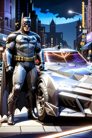 In this majestic isometric artwork, Batman stands proudly beside his iconic Arkham Knight-era Batmobile. The Dark Knight's imposing figure is rendered in stunning detail, from the sharp creases of his suit to the gleam on his utility belt. His car, a sleek and powerful masterpiece, dominates the background with its angular lines and glowing blue lights. The vibrant color palette, reminiscent of neon-lit cityscapes, adds depth and energy to this 16K UHD concept art, while the isometric style creates a unique sense of depth and dimensionality.,DonMG30T00nXL, ((dramatic scene, cinematic detailed))