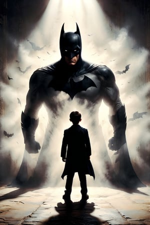 Photo of Bruce Wayne, standing pose, 10yo, sadness, his shadow is in the shape of Batman. Dramatic scene, cinematic lighting, perfect image, best quality, best image, masterpiece, UHD, 16K.