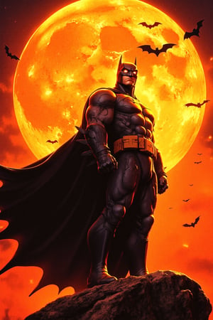 a batman stands in front of a vibrant orange and yellow Moon. His Terrific (silhouette) adds a confident vibes. The cape drifts in the wind. A group of bats are flying in the sky above him. Glowing eyes, Cinematic scene, retro futuristic Cartoon, detailed background, best quality, best image, masterpiece, 16K UHD.