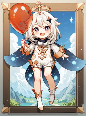 Image of Paimon_(Genshin_Impact), she is holding lot of Balloons, smile, happiness, cute_fang, white hair, cute chibi girl, ((detailed face and eyes:1.2)), ((detailed hands and fingers)), best quality, masterpiece, 16K UHD, full body image, ultra wide angle image, realistic, hyper detailed. IMAX picture, genshin_style, (\pai meng\)