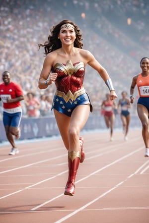 Photo of wonder woman participating in Olympic games, Olympics logo, marathon competition, multiple participants running along with her behind, arena, audience, encouraging smile. Dynamic running pose. Detailed face and eyes, detailed hands and fingers, detailed background. Best quality, best image, masterpiece, 16K UHD, full body view, extreme long shot 