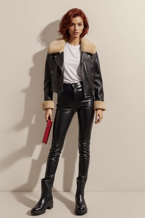 A hot girl, perfect body,with chestnut shoulder-length red hair,  a black motorcycle jacket, black leather pants, a pair of Martin boots, and black sticky fur Martin boots. Surrounding her are the ：Lipstick, iphone 15pro mobile phone, cigarettes, game console, leather whip, Apple notebook, items he carries against a white background,Enhance