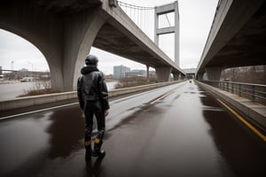 The girl is wearing a black motorcycle jacket, black leather pants, a pair of Martin boots, and black sticky fur Martin boots. she is standing on the bridge.The girl closed her eyes and breathed the air. Under the bridge is a bustling road. The bridge is located between two office buildings. It has a reinforced concrete structure, a gray bridge body, and a simple modernist style. hyper-realistic image, ultra-detailed
负向提示
