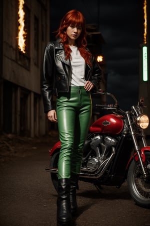 A beautiful nordic girl, with chestnut shoulder-length fiery red hair,green eyes,perfect body, full-body_portrait,flashphoto style,a black motorcycle jacket, black leather pants,  black sticky fur Martin boots,detailed skin texture and fabric rendering,ultra-detailed