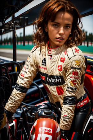 A beautiful milf,with chestnut shoulder-length fiery red hair,wide hips, F1 female racing driver,F1 racing circuit,Sitting in the driving seat of an F1 car,(retro, cinematic, high contrast, spot light),detailed eyes and face,detailed skin texture and fabric rendering,
detailed details,photorealistic ,full-body_portrait
