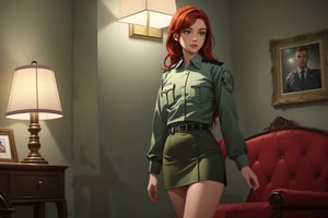 a girl,fiery red hair,green eyes,policewoman,perfect body,ultra- detailed,Background wall for detectives working on cases, clues from various photos and notes,independent police office,white police uniform,Olive green uniform miniskirt,Dim indoor white woven lamp,bethesda game studios,soft light