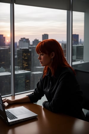 (Masterpiece, best quality, hi_res, extreme detail, perfect anatomy, perfect face), 1 beautiful woman,fiery red hair,beautiful labia,sat at her desk with a frown on her face. She was thinking hard in front of the computer. She had a PPT for tomorrow's meeting that she hadn't finished yet. It was already late at night, and she was the only one in the office still working overtime. Outside the glass curtain wall behind her is the bustling night of the city, reflecting her hard work.perfect body,photorealistic,androide18