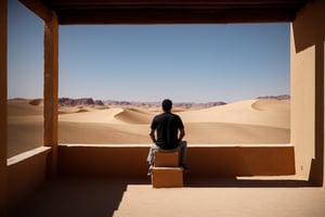 A man is siting on the roof of an open-air bar  in the desert,,back view , thecool sunnyday,lonely one,ultra-detailed,See through life, life is meaningless,soft light,