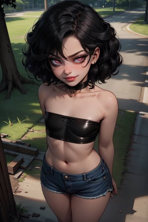 (1girl, solo, loli, lolicon, young, underage, small size, short height), (perfect face, puffy lips, glossy lips, crimson eyes, black curly hair), (ribs, narrow waist, wide hips), (denim booty shorts, tiny tube top, choker), (smirking, arrogant expression), she is in an abandoned park, high angle view