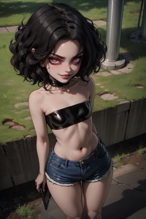 (1girl, solo, loli, lolicon, young, underage, small size, short height), (perfect face, puffy lips, glossy lips, crimson eyes, black curly hair), (ribs, narrow waist, wide hips), (denim booty shorts), (tiny tube top, latex, strapless), (choker, smartphone), (evil smirk), (standing, flirting with viewer), she is in an abandoned park, high angle view