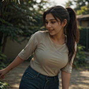 1girl, Kashmiri beautiful women 36 years old, solo, long hair, brown hair, smiling, wearing a plain Deep Green round neck Pure Cotton T-shirt, Half Sleeves, detailed t-shirt fabric, without text, without design in t-shirt, outdoors, pants, sandals, denim, jeans, Nature bokeh background, 36year old, ponytail:2, braided hair, This breathtaking photograph, sunny day, natural colors, RAW photo, best quality), (realistic, photo-Realistic:1.3), best quality, masterpiece, beautiful and aesthetic, 16K, (HDR:1.4), high contrast, (vibrant color:1.4), (muted colors, dim colors, soothing tones:0), cinematic lighting, ambient lighting, backlit, shot on Kodak Gold 400 film, softer lens filter, full of love and romantic atmosphere, beautifully showcases the raw and authentic beauty of life. high resolution 8k image quality,more detail