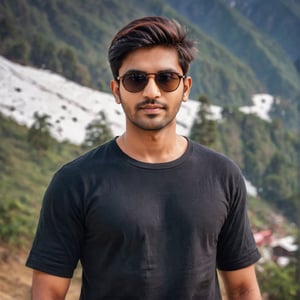 1 indian handsome man, bengali boy, solo, indian_attire, wearing a Plain  Black Round Neck Pure Cotton Oversized half sleeves T-shirt, detailed t-shirt fabric, sunglass, hair, colour hair, beautiful and aesthetic, 16K, (HDR:1.4), cinematic lighting, ambient lighting, cinematic dslr photography, posing like Instagram model, front facing body, snow mountain bokeh background, softer lens filter, soft and warm light, full of love and romantic atmosphere, full body standing, Indian beauty
