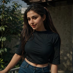 1girl, Kashmiri beautiful women 36 years old, solo, long hair, brown hair, smiling, wearing a plain Black round neck Pure Cotton Oversized  T-shirt, Half Sleeves, detailed t-shirt fabric, without text, without design in t-shirt, outdoors, pants, sandals, denim, jeans, natural bokeh background, 36year old, ponytail:2, braided hair, This breathtaking photograph, sunny day, natural colors, RAW photo, best quality), (realistic, photo-Realistic:1.3), best quality, masterpiece, beautiful and aesthetic, 16K, (HDR:1.4), high contrast, (vibrant color:1.4), (muted colors, dim colors, soothing tones:0), cinematic lighting, ambient lighting, backlit, shot on Kodak Gold 400 film, softer lens filter, full of love and romantic atmosphere, beautifully showcases the raw and authentic beauty of life. high resolution 8k image quality,more detail