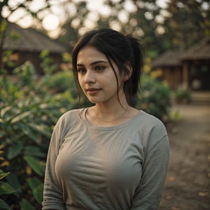 1girl, Kashmiri beautiful women 36 years old, solo, long hair, brown hair, smiling, wearing a plain Black round neck Pure Cotton Oversized  T-shirt, Half Sleeves, detailed t-shirt fabric, without text, without design in t-shirt, outdoors, pants, sandals, denim, jeans, Nature bokeh background, 36year old, ponytail:2, braided hair, This breathtaking photograph, sunny day, natural colors, RAW photo, best quality), (realistic, photo-Realistic:1.3), best quality, masterpiece, beautiful and aesthetic, 16K, (HDR:1.4), high contrast, (vibrant color:1.4), (muted colors, dim colors, soothing tones:0), cinematic lighting, ambient lighting, backlit, shot on Kodak Gold 400 film, softer lens filter, full of love and romantic atmosphere, beautifully showcases the raw and authentic beauty of life. high resolution 8k image quality,more detail