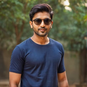 1 indian handsome man, bengali boy, solo, indian_attire, wearing a Plain  Navy Blue Round Neck Pure Cotton Oversized half sleeves T-shirt, detailed t-shirt fabric, sunglass, hair, colour hair, beautiful and aesthetic, 16K, (HDR:1.4), cinematic lighting, ambient lighting, cinematic dslr photography, posing like Instagram model, front facing body, natural bokeh background, softer lens filter, soft and warm light, full of love and romantic atmosphere, full body standing, Indian beauty