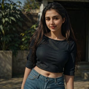 1girl, Kashmiri beautiful women 36 years old, solo, long hair, brown hair, smiling, wearing a plain Black round neck Pure Cotton Oversized  T-shirt, Half Sleeves, detailed t-shirt fabric, without text, without design in t-shirt, outdoors, pants, sandals, denim, jeans, natural bokeh background, 36year old, ponytail:2, braided hair, This breathtaking photograph, sunny day, natural colors, RAW photo, best quality), (realistic, photo-Realistic:1.3), best quality, masterpiece, beautiful and aesthetic, 16K, (HDR:1.4), high contrast, (vibrant color:1.4), (muted colors, dim colors, soothing tones:0), cinematic lighting, ambient lighting, backlit, shot on Kodak Gold 400 film, softer lens filter, full of love and romantic atmosphere, beautifully showcases the raw and authentic beauty of life. high resolution 8k image quality,more detail