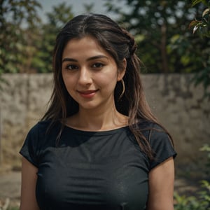 1girl, Kashmiri beautiful women 36 years old, solo, long hair, smiling, wearing a plain Black colour round neck Pure Cotton Oversized T-shirt, detailed t-shirt fabric, without text, without design in t-shirt, outdoors,  natural bokeh background, 36year old, ponytail:2, braided hair, This breathtaking photograph, sunny day, natural colors, RAW photo, best quality), (realistic, photo-Realistic:1.3), best quality, masterpiece, beautiful and aesthetic, 16K, (HDR:1.4), high contrast, (vibrant color:1.4), (muted colors, dim colors, soothing tones:0), cinematic lighting, ambient lighting, backlit, shot on Kodak Gold 400 film, softer lens filter, full of love and romantic atmosphere, beautifully showcases the raw and authentic beauty of life. high resolution 8k image quality,more detail , less detail