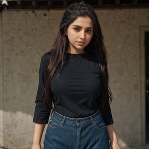 1girl, Kashmiri beautiful women 36 years old, solo, long hair, brown hair, shirt, wearing a plain Black round neck Pure Cotton Oversized T-shirt, detailed t-shirt fabric, without text, without design in t-shirt,  outdoors, pants, sandals, denim, jeans,  photo background,36year old, sunglasses, twin tail ponytail:2, braided hairThis breathtaking photograph, shot on a Canon 1DX with a 50 mm f/2.8 lens, beautifully showcases the raw and authentic beauty of life. high resolution 8k image quality,