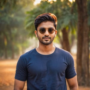 1 indian handsome man, bengali boy, solo, indian_attire, wearing a Plain  Navy Blue Round Neck Pure Cotton Oversized half sleeves T-shirt, detailed t-shirt fabric, sunglass, hair, colour hair, beautiful and aesthetic, 16K, (HDR:1.4), cinematic lighting, ambient lighting, cinematic dslr photography, posing like Instagram model, front facing body, natural bokeh background, softer lens filter, soft and warm light, full of love and romantic atmosphere, full body standing, Indian beauty