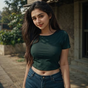 1girl, Kashmiri beautiful women 24 years old, solo, long hair, brown hair, smiling, wearing a plain Deep Sea Green round neck Pure Cotton Oversized T-shirt, detailed t-shirt fabric, without text, without design in t-shirt, outdoors, pants, sandals, denim, jeans, Nature bokeh background, 24year old, ponytail:2, braided hair, This breathtaking photograph, sunny day, natural colors, RAW photo, best quality), (realistic, photo-Realistic:1.3), best quality, masterpiece, beautiful and aesthetic, 16K, (HDR:1.4), high contrast, (vibrant color:1.4), (muted colors, dim colors, soothing tones:0), cinematic lighting, ambient lighting, backlit, shot on Kodak Gold 400 film, softer lens filter, full of love and romantic atmosphere, beautifully showcases the raw and authentic beauty of life. high resolution 8k image quality,more detail
