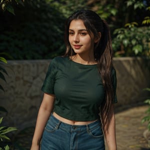 1girl, Kashmiri beautiful women 36 years old, solo, long hair, brown hair, smiling, wearing a plain Deep Green round neck Pure Cotton T-shirt, Half Sleeves, detailed t-shirt fabric, without text, without design in t-shirt, outdoors, pants, sandals, denim, jeans, Nature bokeh background, 36year old, ponytail:2, braided hair, This breathtaking photograph, sunny day, natural colors, RAW photo, best quality), (realistic, photo-Realistic:1.3), best quality, masterpiece, beautiful and aesthetic, 16K, (HDR:1.4), high contrast, (vibrant color:1.4), (muted colors, dim colors, soothing tones:0), cinematic lighting, ambient lighting, backlit, shot on Kodak Gold 400 film, softer lens filter, full of love and romantic atmosphere, beautifully showcases the raw and authentic beauty of life. high resolution 8k image quality,more detail