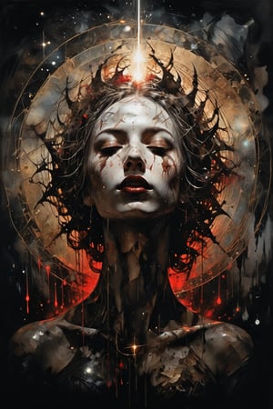 ((style of Dave McKean:Bastien Lecouffe-Deharme)), (abstract:1.4), (surreal:1.4), perfectly symmetrical black hole floating in black void, event horizon, crystalline halo, geometric, glitter,  you can't take the sky from me, submerged desolation, angular brush, (intricate), (volumetric lighting), dazzling, professional watercolor painting, (bust silhouette), mirrored, metallic, red