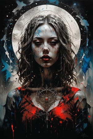 ((style of Dave McKean:Bastien Lecouffe-Deharme)), (abstract:1.4), (surreal:1.4), perfectly symmetrical black hole floating in black void, event horizon, crystalline halo, geometric, glitter,  you can't take the sky from me, submerged desolation, angular brush, (intricate), (volumetric lighting), dazzling, professional watercolor painting, (bust silhouette), mirrored, metallic, red, blue