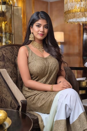 Stbeautiful cute young attractive girl indian, teenage girl, village girl,18 year old,cute, instagram model,long black hair . Envision a Pakistani girl in a beautiful white shalwar kameez, seated elegantly in a luxurious hotel lounge, her chest subtly emphasized, exuding confidence and grace, adorned with exquisite jewelry including dangling earrings, Paperwork, intricate paper cutting with layered textures and delicate patterns, --ar 16:9 --v 5