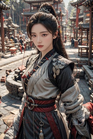 Against the backdrop of ancient Chinese architecture, a stunning female warrior stands poised in a dramatic pose, her black attire accentuating her toned physique and reflecting the rich colors of the setting sun. Intricate silver embroidery adorns her form-fitting armor, while subtle plating catches the fading light. Her piercing gaze, framed by almond-shaped eyes and high cheekbones, commands attention as she wears a high ponytail adorned with a delicate silver hairpin. A black mask partially conceals her face, adding an air of mystique, while bold red lips create a striking contrast against her porcelain complexion.